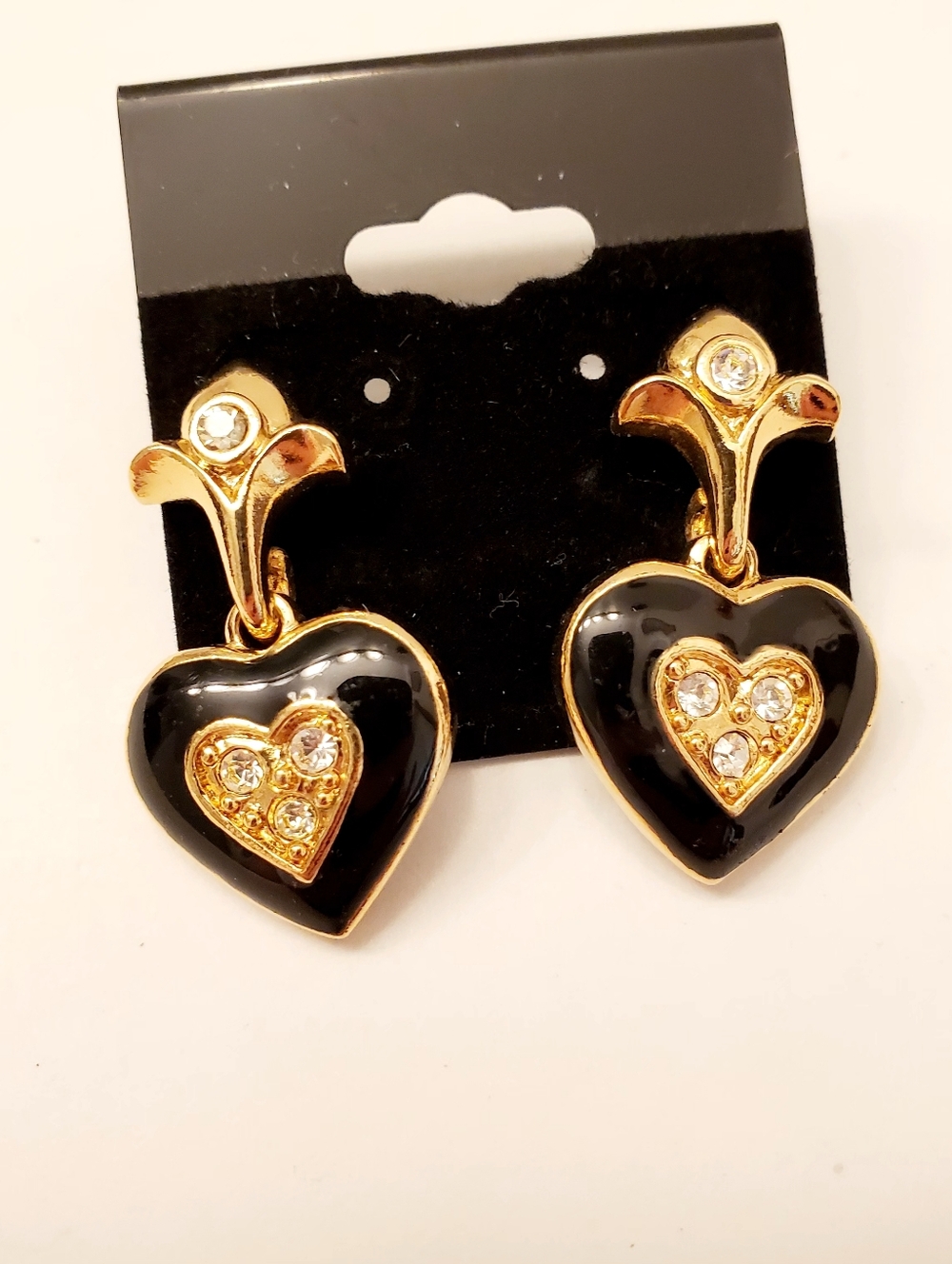 AVON Gold-Tone Black Heart Drop Earrings with Crystal Accents, 1980's Vintage